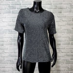Vintage 90s Impressions M Black Silver Metallic Ribbed Shirt Club Rave‎ Disco